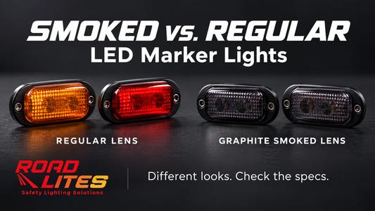 RoadLites graphic comparing amber and red regular lenses with dark Graphite smoked lenses on LED marker lights.