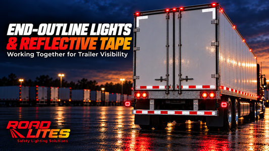 American semi-trailer at dusk with RoadLites red end-outline marker lights, red-and-white conspicuity reflective tape, and white upper rear corner markings.