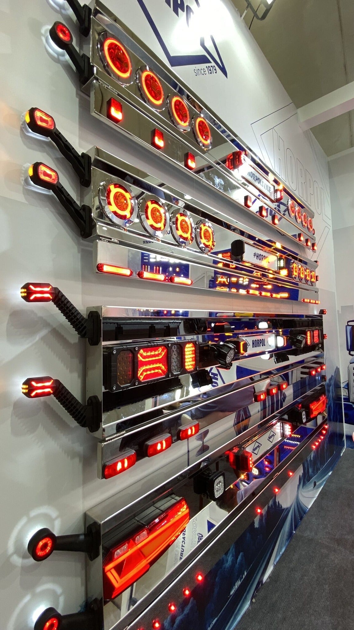Display of Roadlites led outline marker lights on trailer bumpers shining and glowing brightly. 