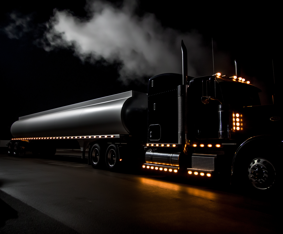 Tanker truck lit up in the dark with RoadLites outline marker lights and chicken lights