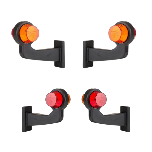 Set of four firetruck amber and red LED outline lights with black harness on a white background.