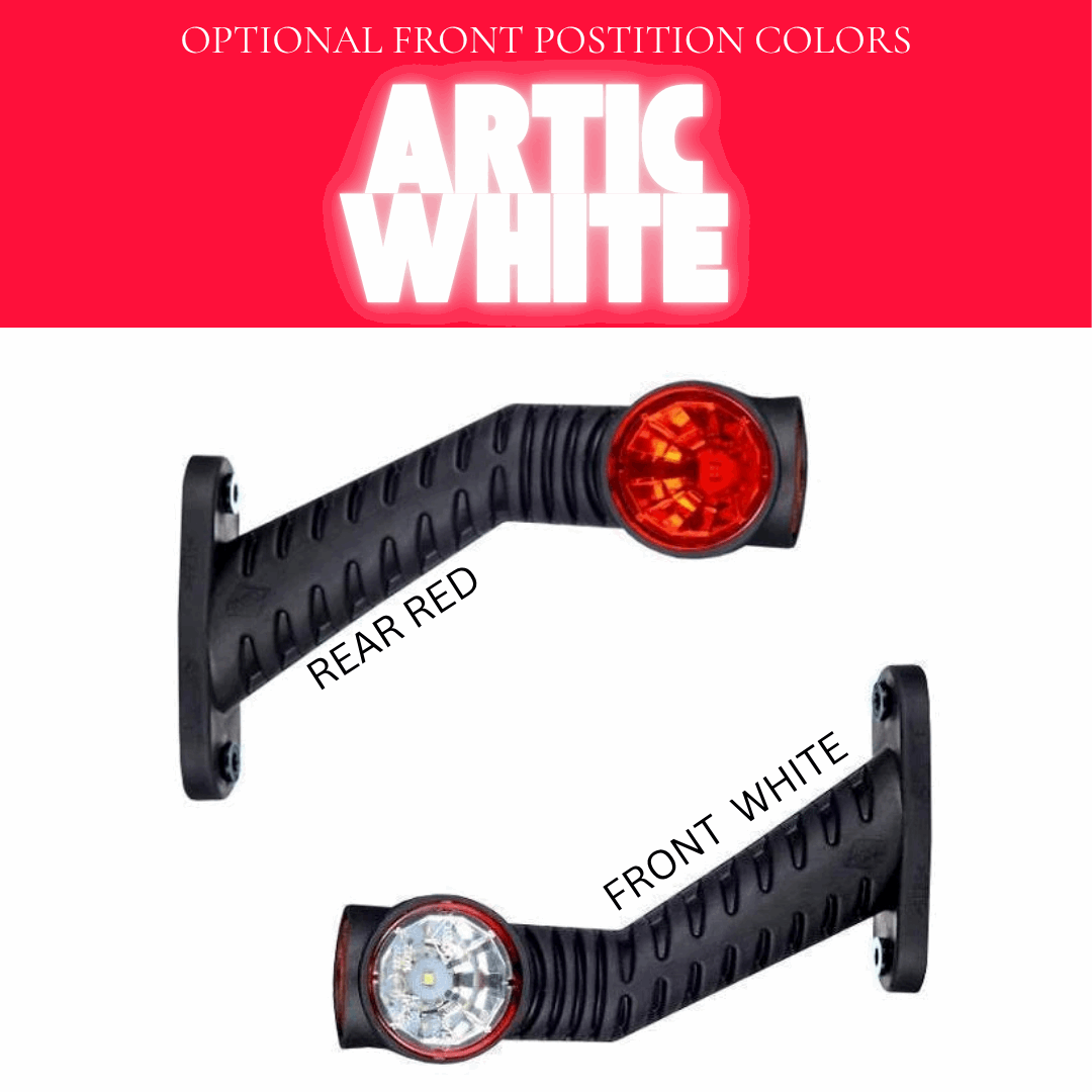 Two roadlites outline arm marker lights with color options labeled on a red and white background.