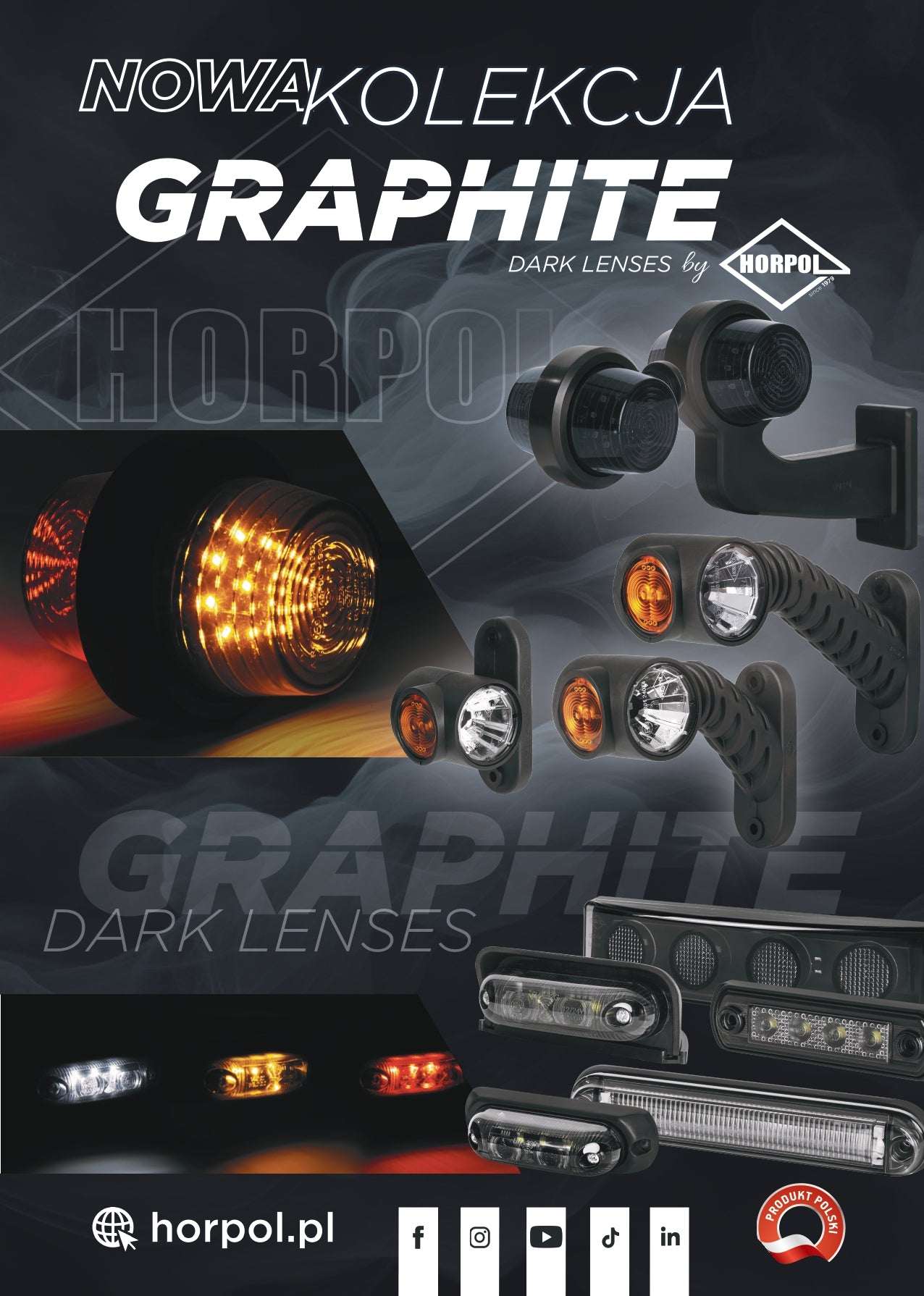 Promotional image of Horpol Graphite dark lense led marker lights with various lens color options.