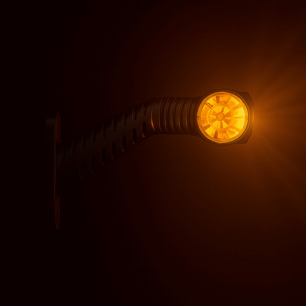 RoadLites Amber LED side arm marker lamp with a glowing amber light on a dark background