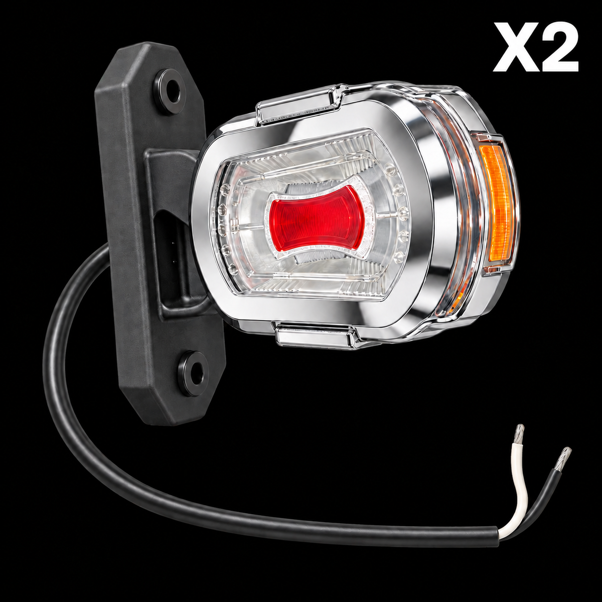 Chrome Decorative Housing on Short Arm LED Side Outline Marker Light LDCC 2776 with text X2 indicating a set of two