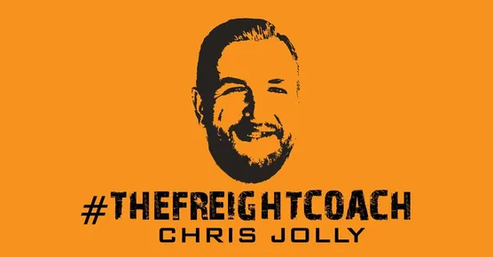 Graphic of a man's smiling face in black silhouette with text "THE FREIGHT COACH CHRIS JOLLY" on an orange background