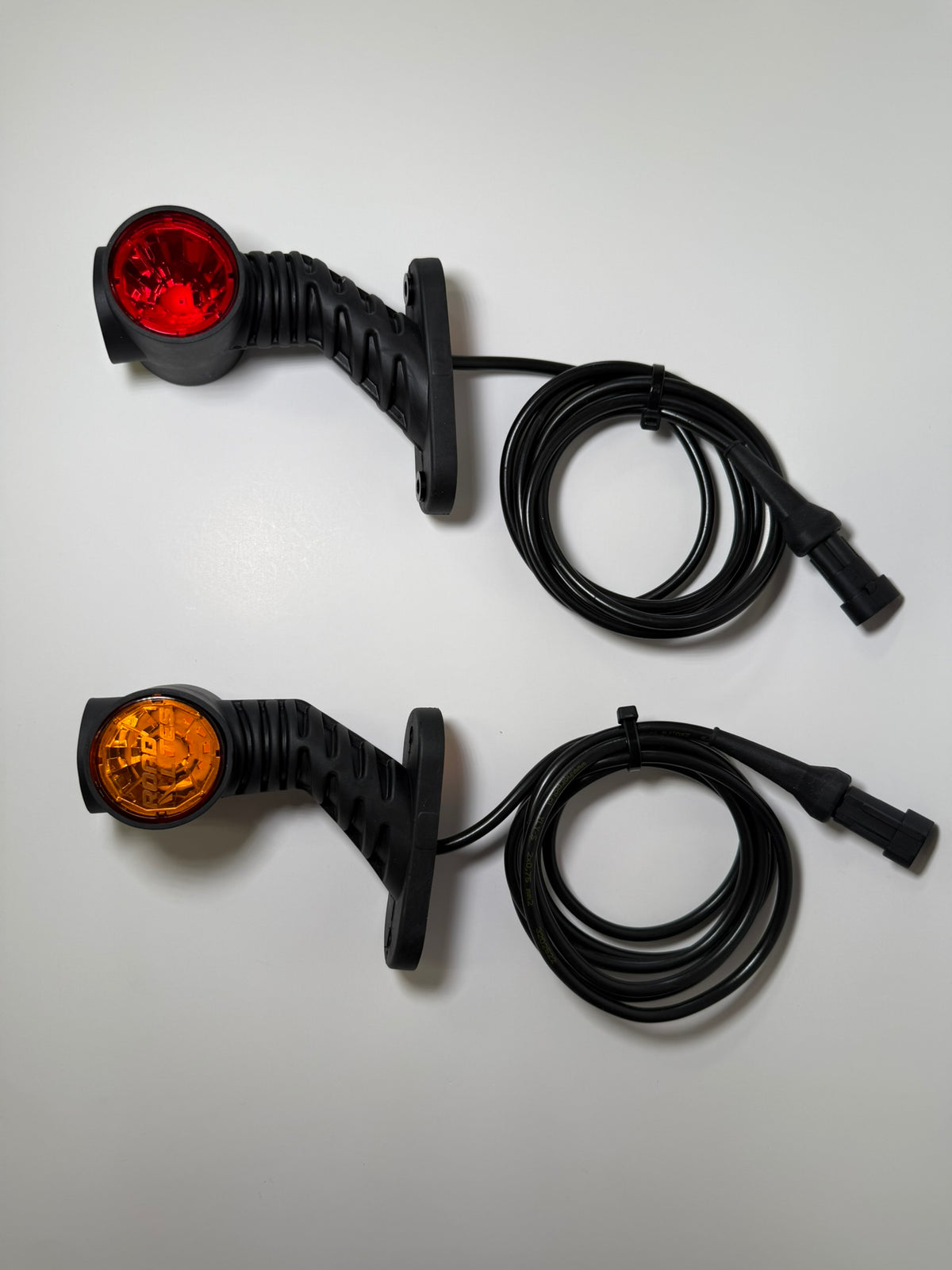 RoadLites Triple LED Auxiliary Side Arm Outline Marker Light LD2180 & LD 2181 showing rear red marker light and amber front marker light with superseal end connectors
