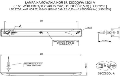 Technical diagram of the 15 Red LEDs Brake Lamp LSD 2255 showing dimensions and wiring details.