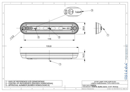 Red LED Brake Lamp LSD 2524 technical drawing showing dimensions, mounting points, and certification details.