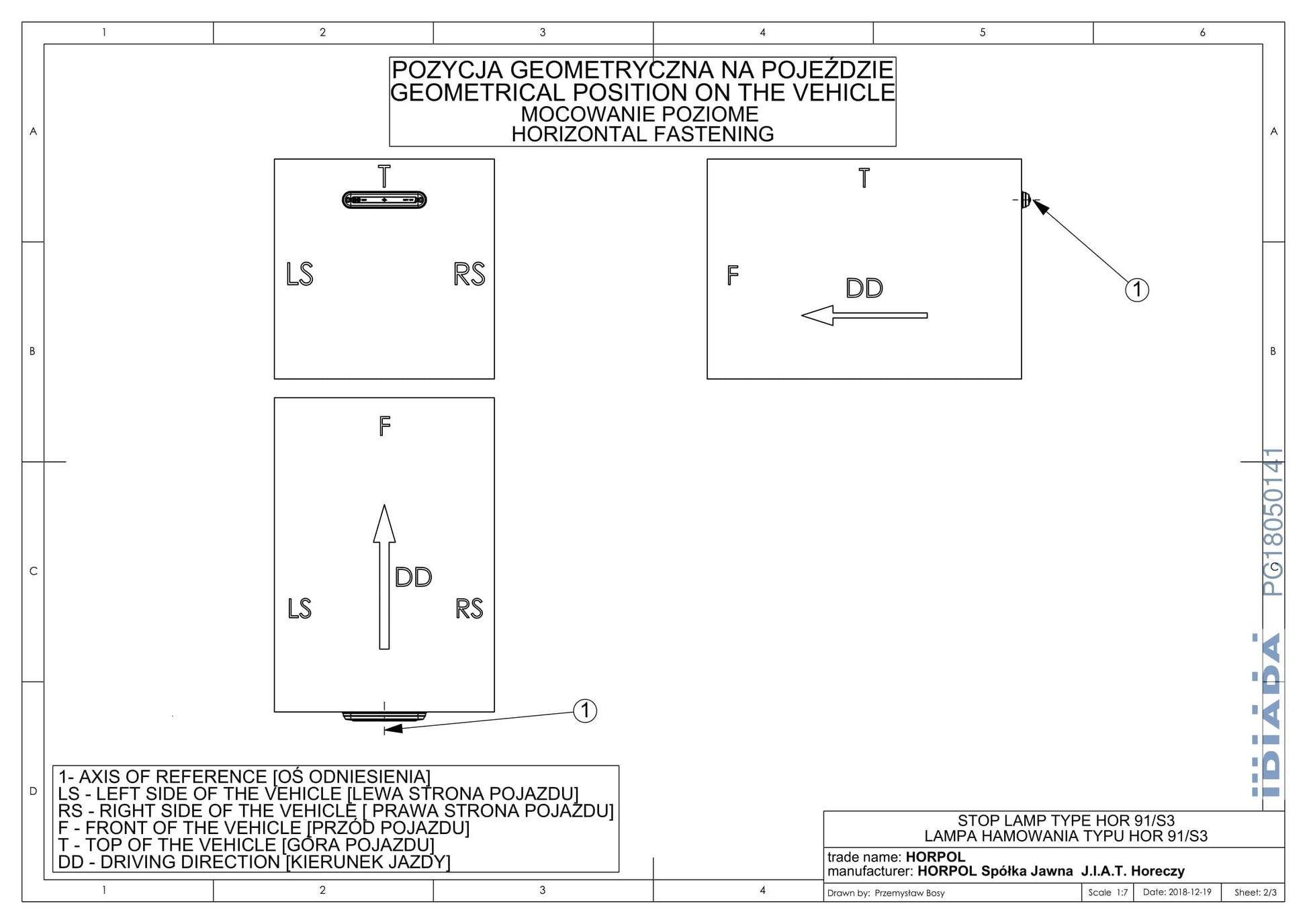 Technical schematic diagram showing geometrical positions for mounting the Red LED Brake Lamp LSD 2524 on a vehicle.