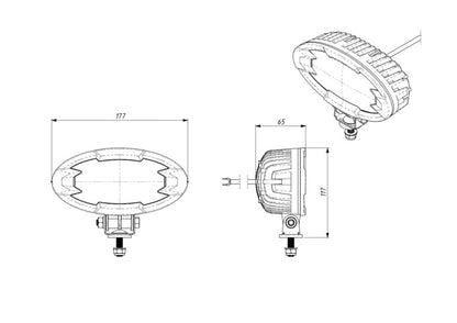 Technical line drawing showing front and side dimensions of Work light RAPTOR (dispersed light, 2500 lm) LRD 3161.