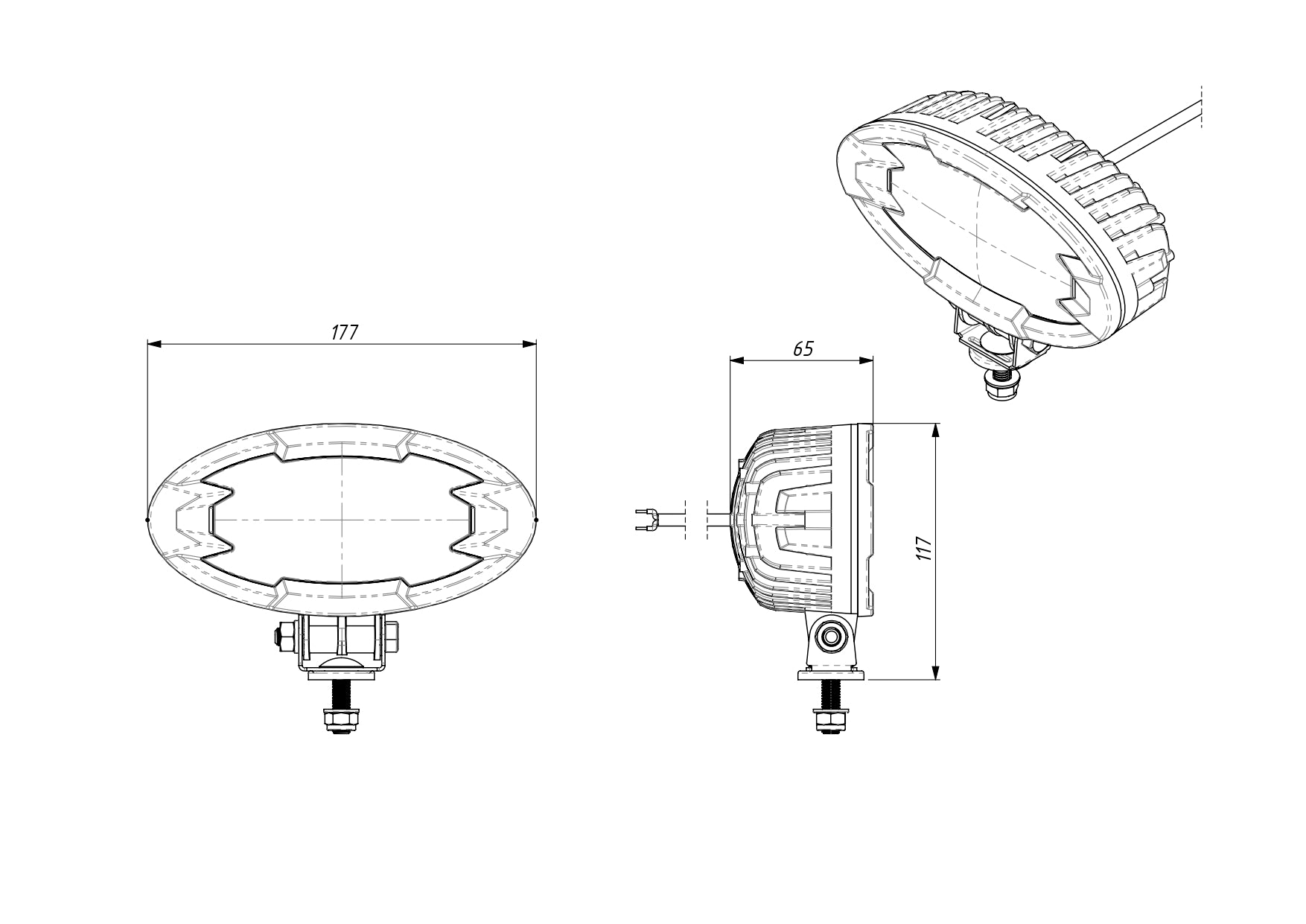 Technical drawing of Work lamp RAPTOR (focused light, 2500 lm) LRD 3167 showing detailed dimensions and mounting assembly