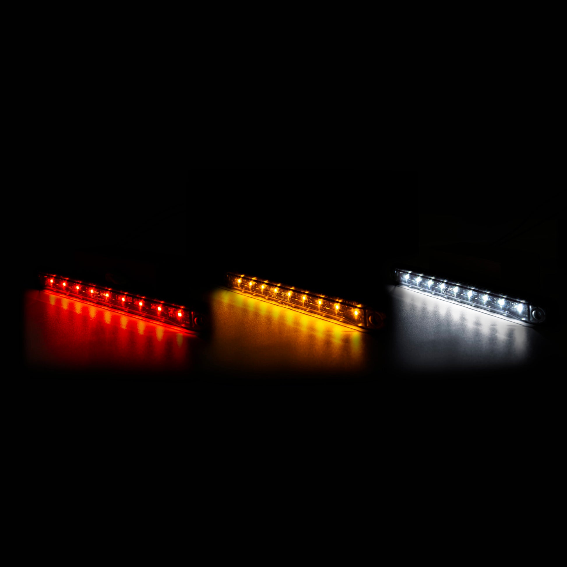 Three LED light bars in red, yellow, and white on a black background.
