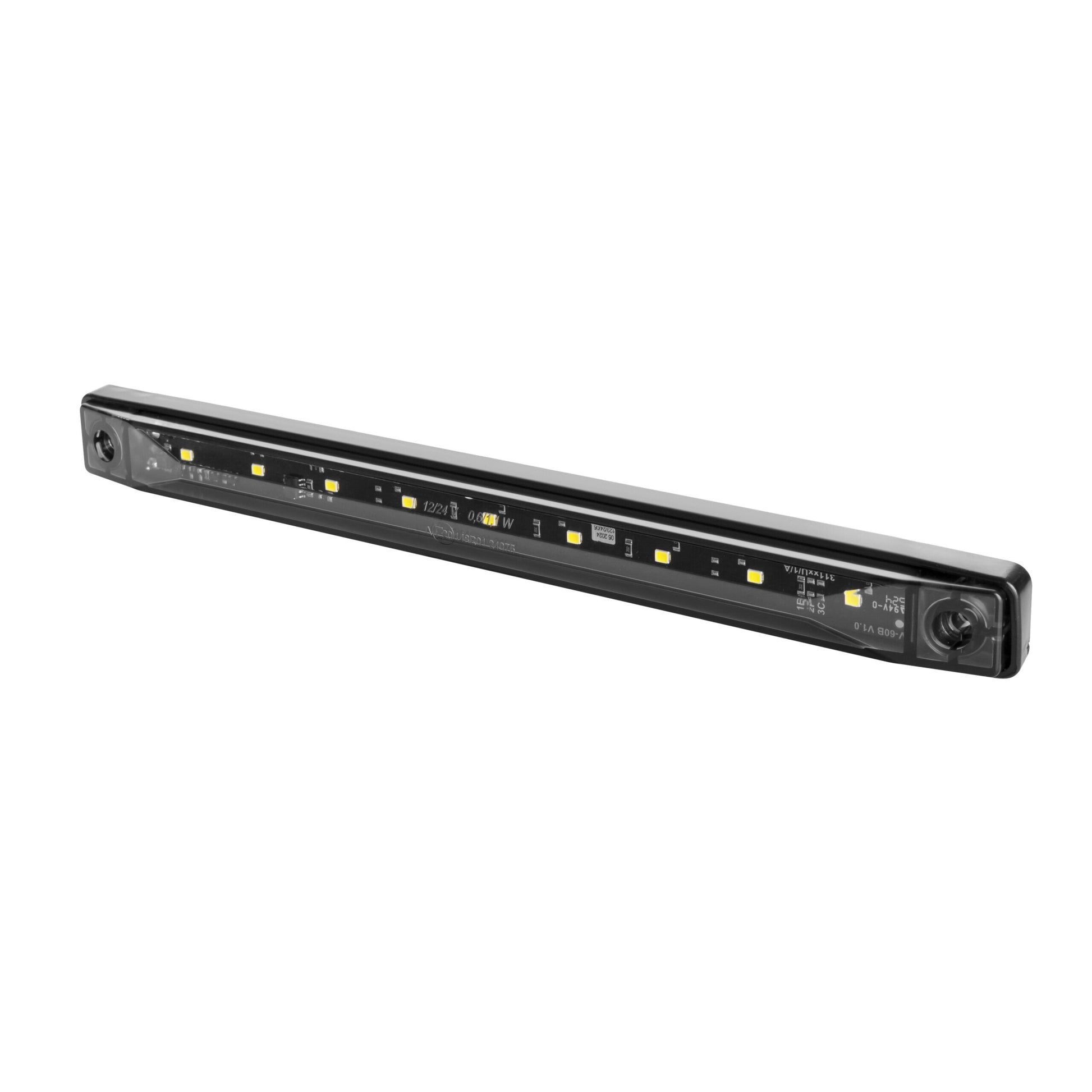 LED marker light bar with smoked dark lens for trucks, trailers, farming equipment and close-up of LED lights on a white background.