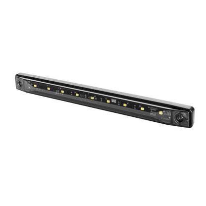 LED marker light bar with smoked dark lens for trucks, trailers, farming equipment and close-up of LED lights on a white background.