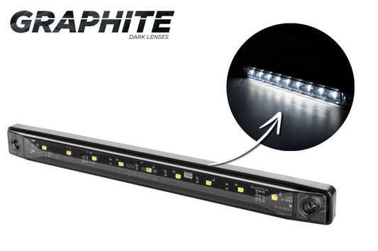 LED light bar with smoked dark lens and close-up of LED lights on a white background.