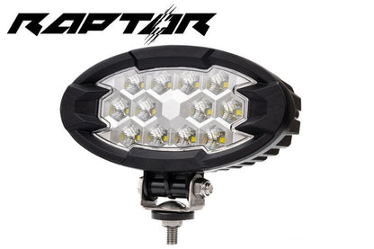 LRD 3160 RAPTOR LED work lamp with 12 LEDs producing 5500 lumens, oval off-road utility light with adjustable bracket for trucks and heavy equipment.