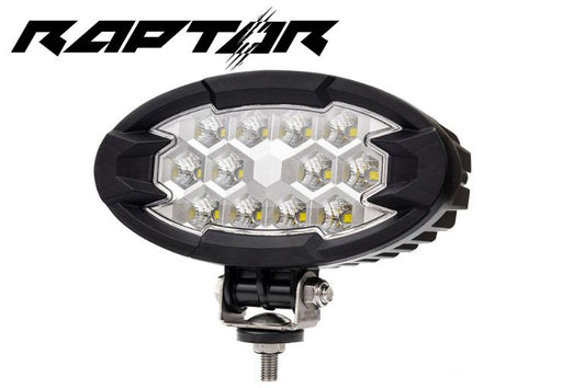 LRD 3160 RAPTOR LED work lamp with 12 LEDs producing 5500 lumens, oval off-road utility light with adjustable bracket for trucks and heavy equipment.