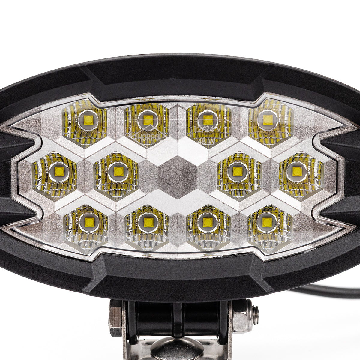 Close up of LED work light, 5500-lumen 12-LED auxiliary lamp for trucks, agricultural, construction equipment, and off-road vehicles.
