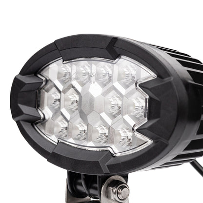 Close up of LED work light, 5500-lumen 12-LED auxiliary lamp for trucks, agricultural, construction equipment, and off-road vehicles.