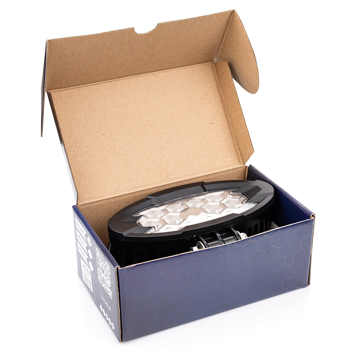 Open box of LED work light, 5500-lumen 12-LED auxiliary lamp for trucks, agricultural, construction equipment, and off-road vehicles.