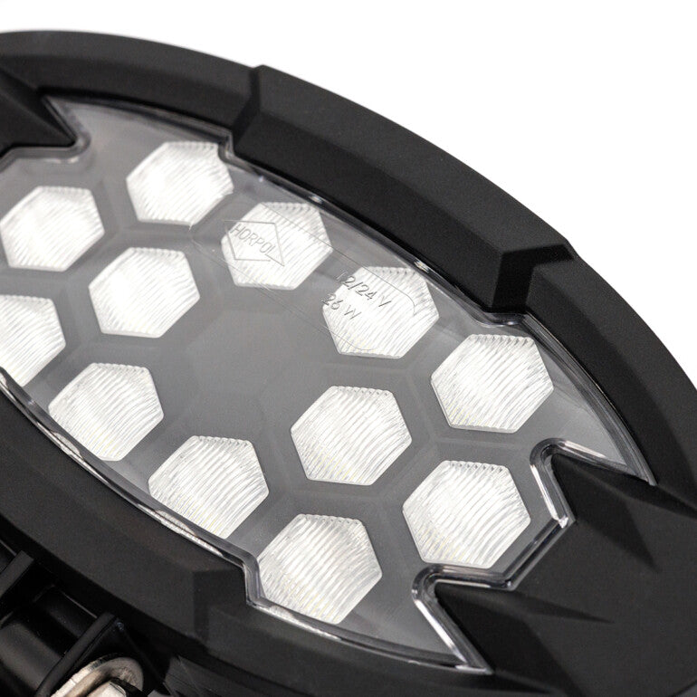 Close-up of Work light RAPTOR (dispersed light, 2500 lm) LRD 3161 showing hexagonal LED pattern in black casing