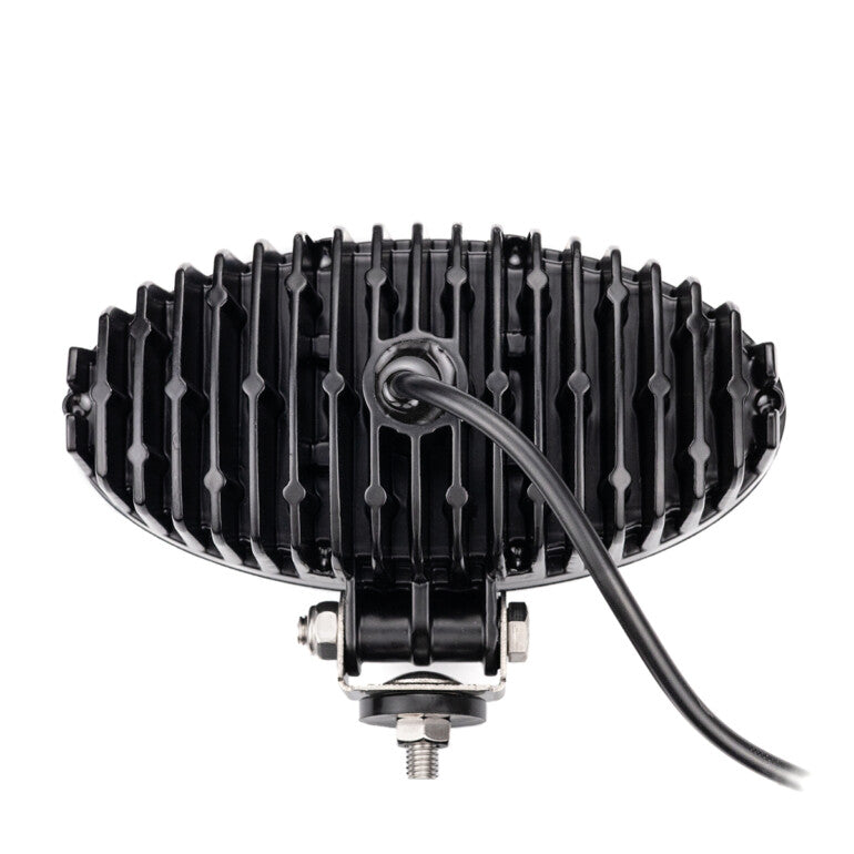 Work light RAPTOR (dispersed light, 2500 lm) LRD 3162 rear view showing heat sink fins and mounting bolt with cable attached