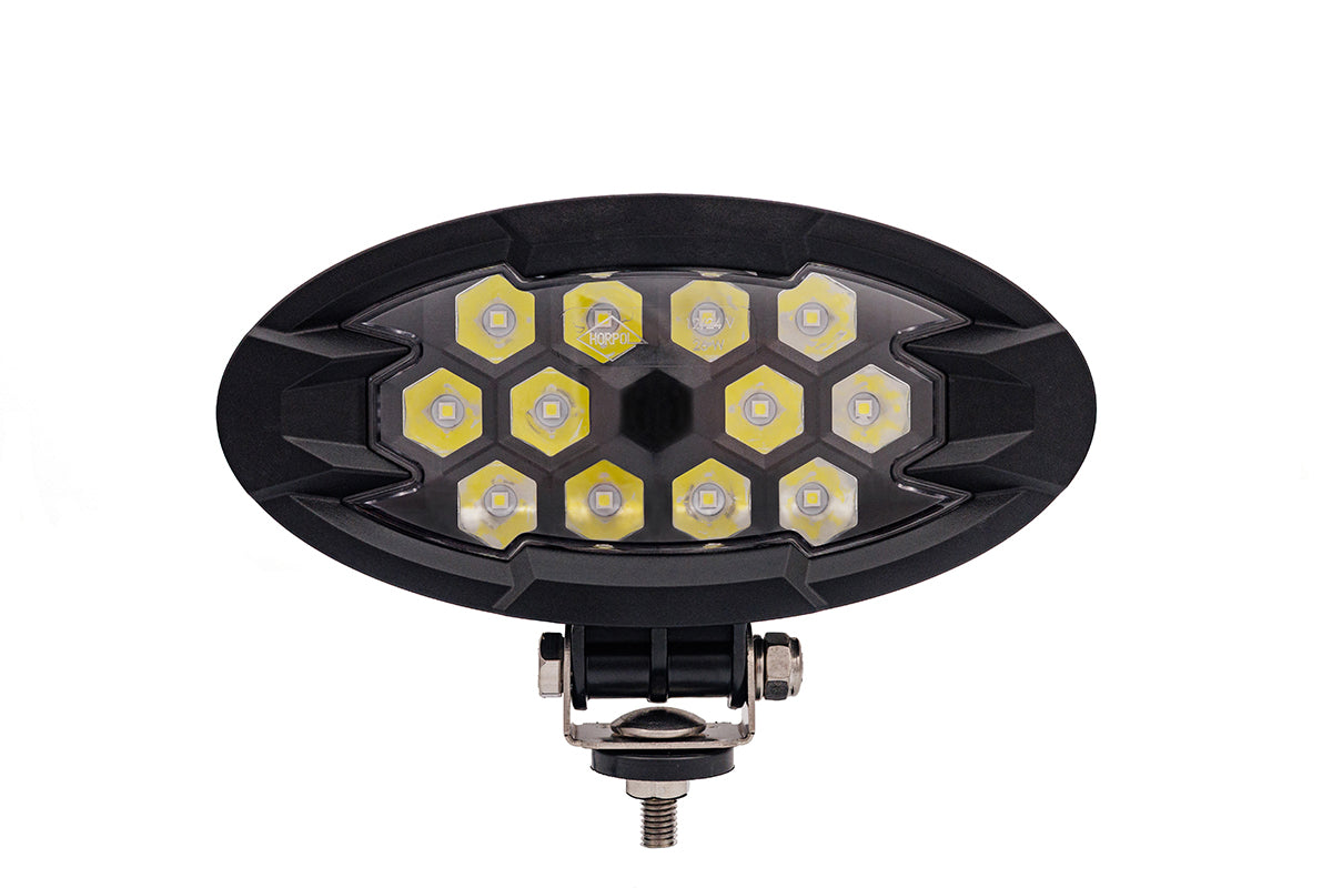 Work lamp RAPTOR (focused light, 2500 lm) LRD 3167 showing oval black housing with hexagonal LED clusters and mounting bracket detail