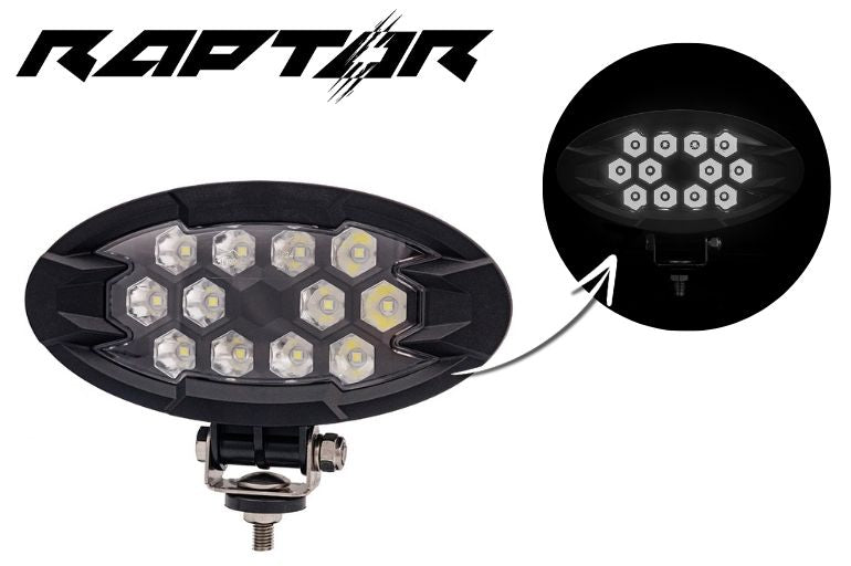 Work lamp RAPTOR (focused light, 2500 lm) LRD 3167 showing illuminated hexagonal LED clusters in black housing with mounting bracket