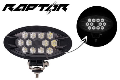 Work lamp RAPTOR (focused light, 2500 lm) LRD 3167 showing illuminated hexagonal LED clusters in black housing with mounting bracket