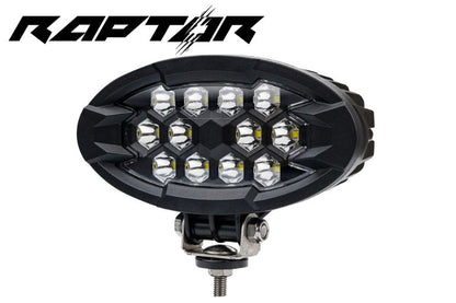 Work light RAPTOR (focused light, 5500 lm) LRD 3169 showing oval black housing with hexagonal LED clusters and mounting bracket