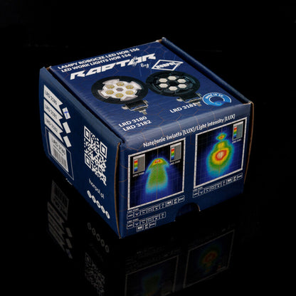 Work light RAPTOR (dispersed light, 2600 lm) LRD 3180 packaging box with product images and light intensity charts visible