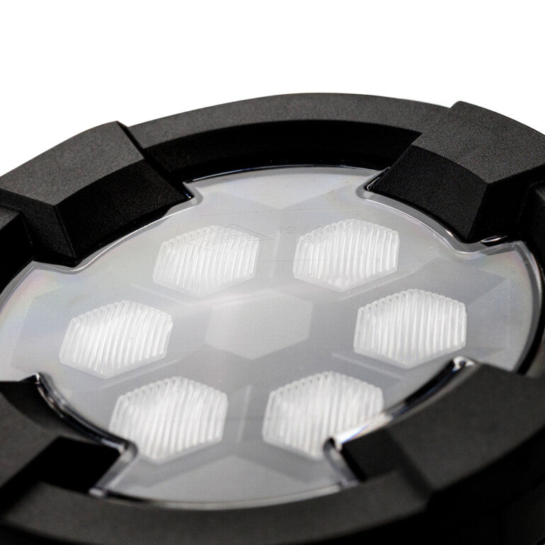 Work light RAPTOR (dispersed light, 1600 lm) LRD 3181 close-up of frosted hexagonal LED lenses in black rugged housing