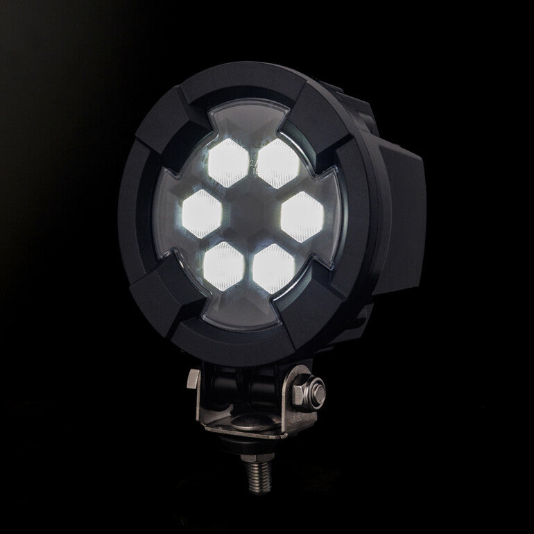 Work light RAPTOR (dispersed light, 1600 lm) LRD 3181 showing illuminated hexagonal LEDs in rugged black casing
