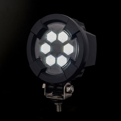Work light RAPTOR (dispersed light, 1600 lm) LRD 3181 showing illuminated hexagonal LEDs in rugged black casing