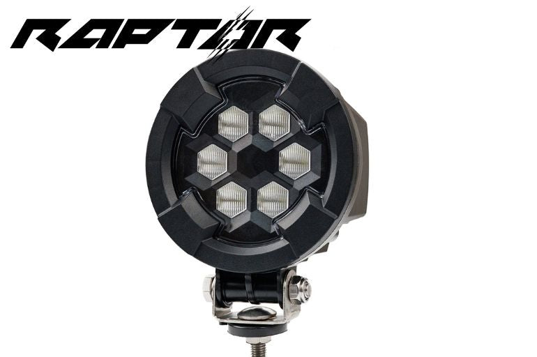 Work light RAPTOR (dispersed light, 1600 lm) LRD 3181 with black housing and hexagonal LED array close-up view
