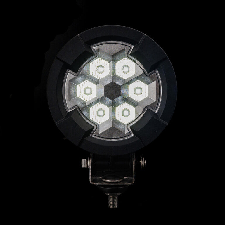 Work light RAPTOR (dispersed light, 1600 lm) LRD 3182 showing illuminated hexagonal LED cluster in black casing with mounting bracket