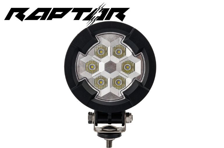 Work light RAPTOR (dispersed light, 1600 lm) LRD 3182 showing hexagonal LED cluster in black housing with metal mounting bracket