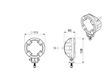 Technical drawing showing front and side views with dimensions of Work light RAPTOR (dispersed light, 1600 lm) LRD 3182 housing and mount