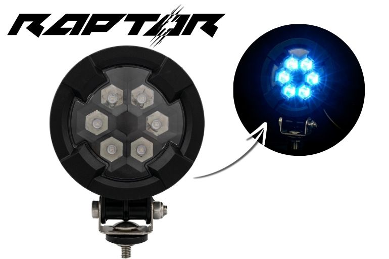 Work light BLUE SPOT RAPTOR (focused light, 400 lm) LRD 3183 showing illuminated hexagonal blue LED cluster with mounting bracket