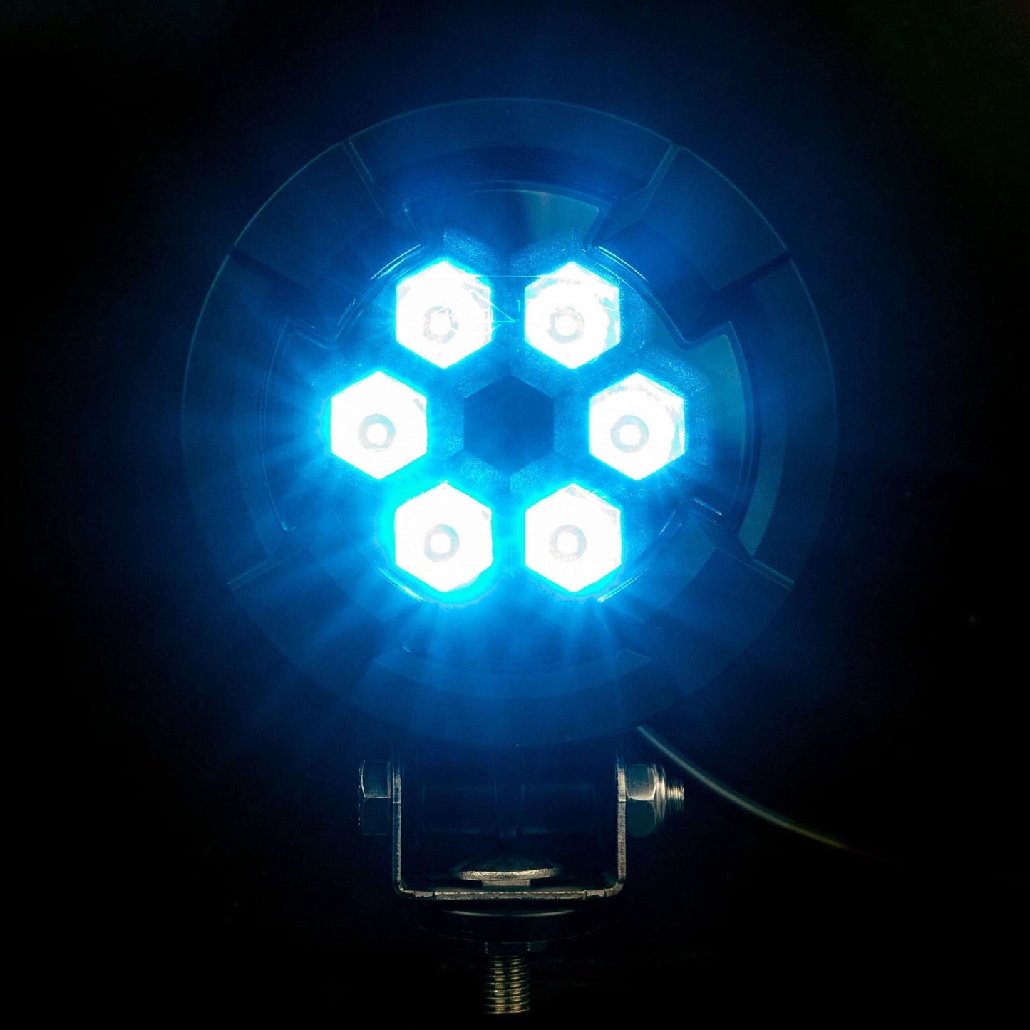 Work light BLUE SPOT RAPTOR (focused light, 400 lm) LRD 3183 glowing bright blue hexagonal LED cluster with mounting bracket