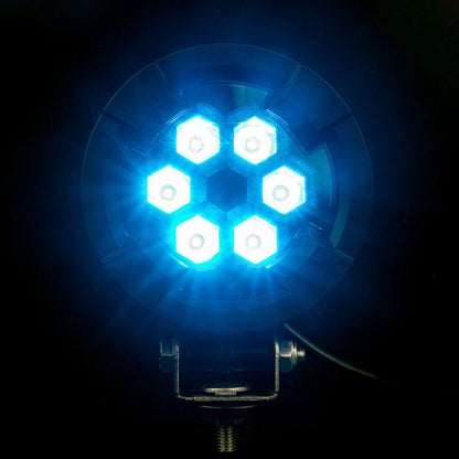 Work light BLUE SPOT RAPTOR (focused light, 400 lm) LRD 3183 glowing bright blue hexagonal LED cluster with mounting bracket
