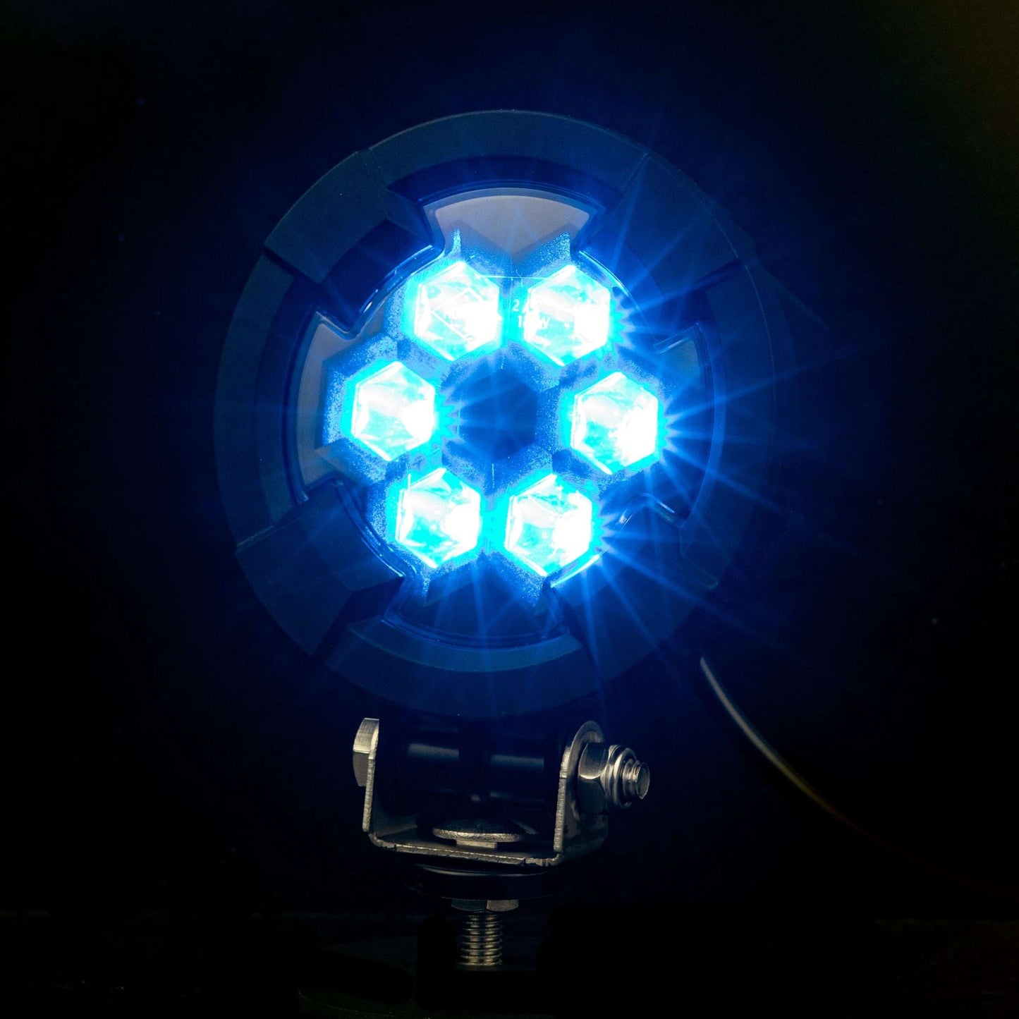 Work light BLUE SPOT RAPTOR (focused light, 400 lm) LRD 3183 glowing bright blue hexagonal LED cluster on mounting bracket
