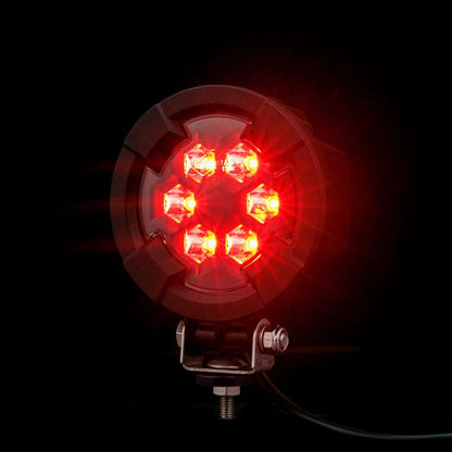 Work light RED SPOT RAPTOR (focused beam, 650 lm) LRD 3186 illuminated with six red LEDs and mounting hardware visible