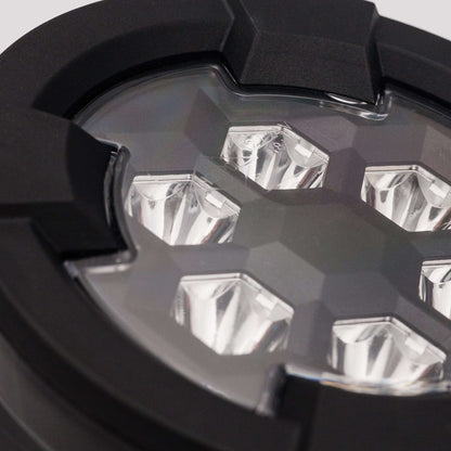 Close-up view of six reflective LED lenses within black casing of Work light RAPTOR (focused light, 1600 lm) LRD 3187