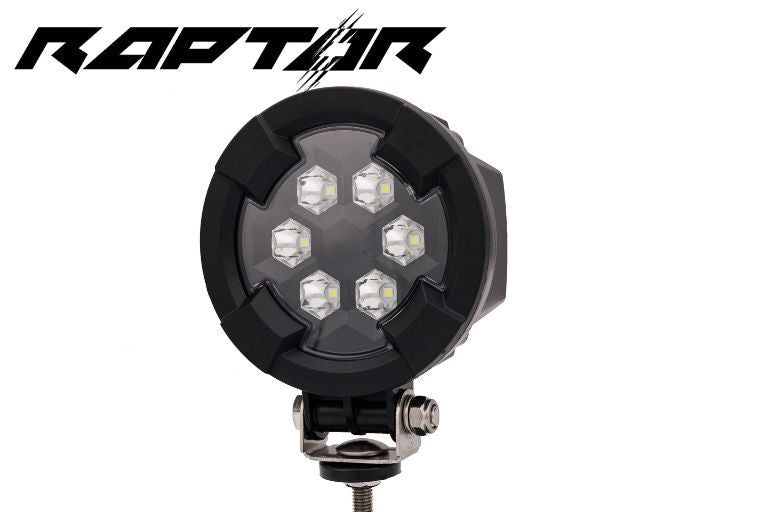 Work light RAPTOR (focused light, 1600 lm) LRD 3187 close-up of six LED modules in black protective housing with mounting bracket