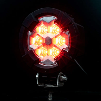 Work light RAPTOR (dispersed light, 650 lm) LRD 3188 glowing bright amber LEDs in circular rugged housing with mounting bracket