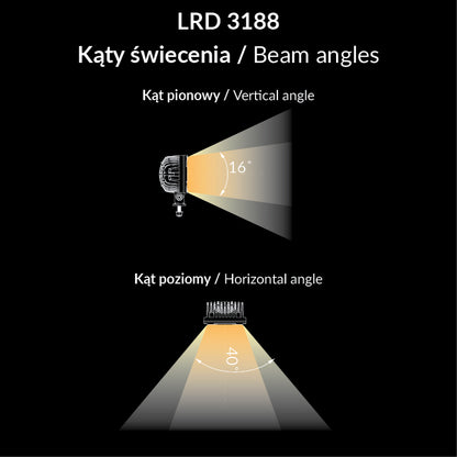 Work light RAPTOR (dispersed light, 650 lm) LRD 3188 illustrating 16° vertical and 40° horizontal beam angles diagram