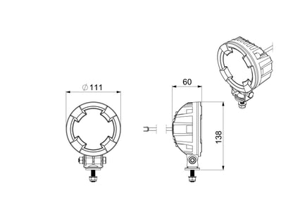 Technical drawing showing dimensions of Work light RAPTOR (focused light, 1600 lm) LRD 3187 in front and side views
