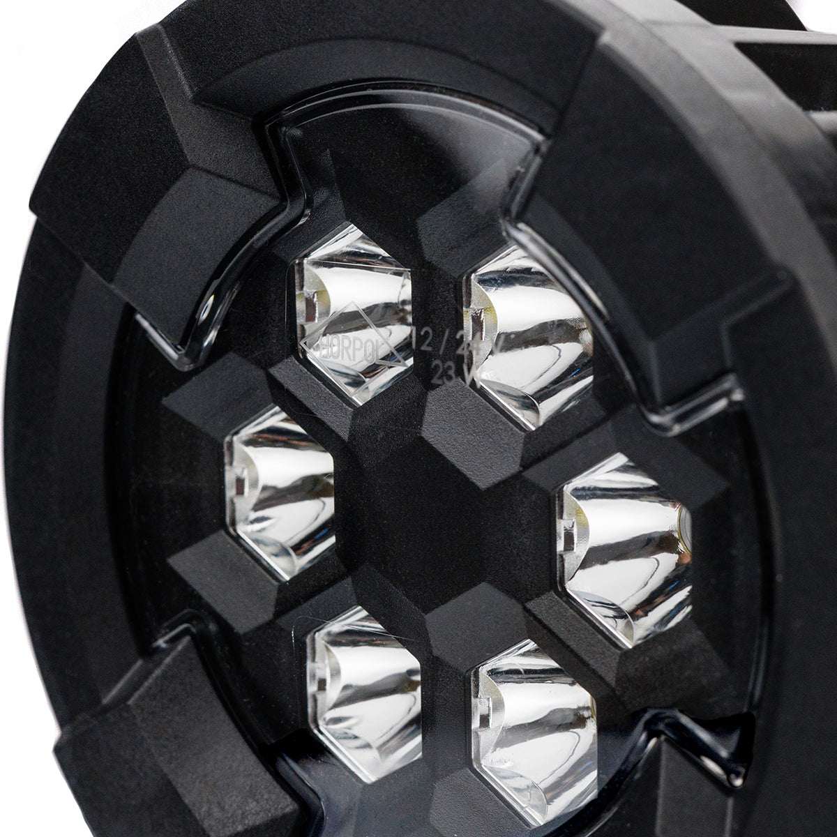 Close-up of six reflective LED lenses in black housing of Work light RAPTOR (focused light, 2600 lm) LRD 3189